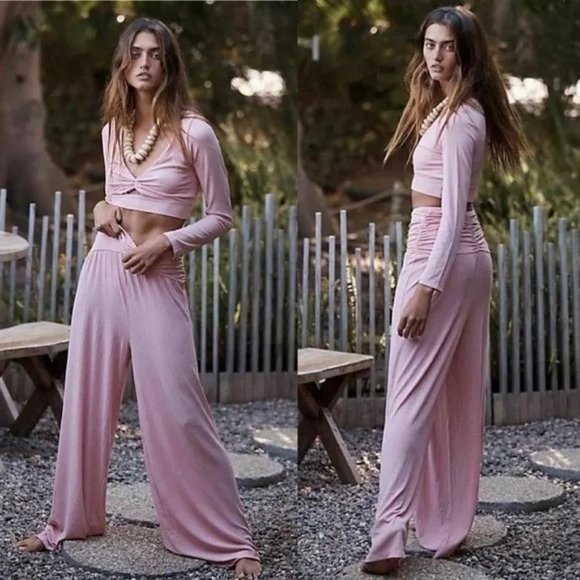Free People Pants - Free People Beach Womens Selena Wide Leg Pants Set XS Pink Knit Crop Top Boho